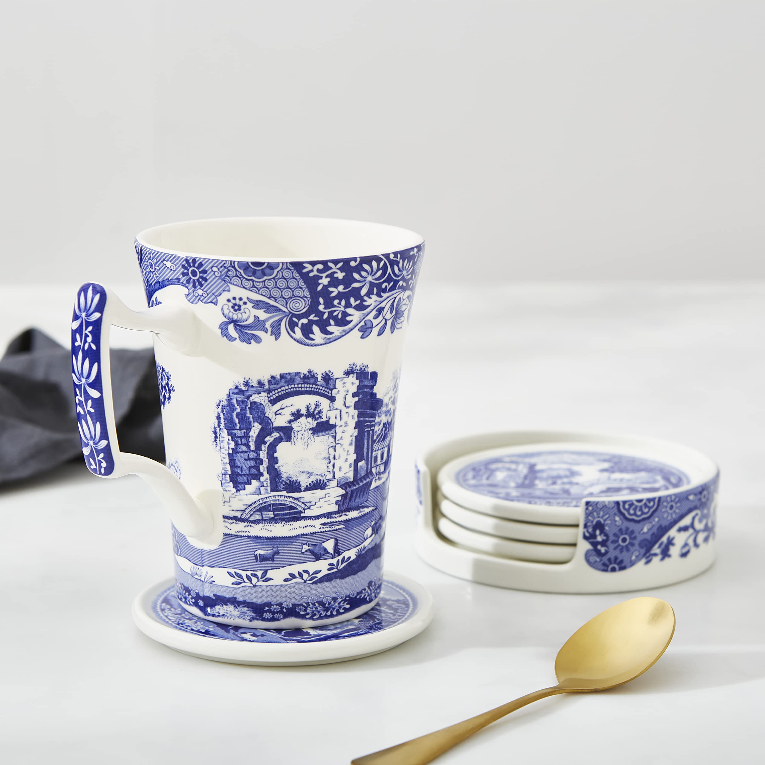 Spode Blue Italian Coasters for Drinks | Set of 4 | Ceramic Coasters and Holder | Tabletop Protection | Housewarming or Birthday Gift | Round (Blue/White) - Image 5