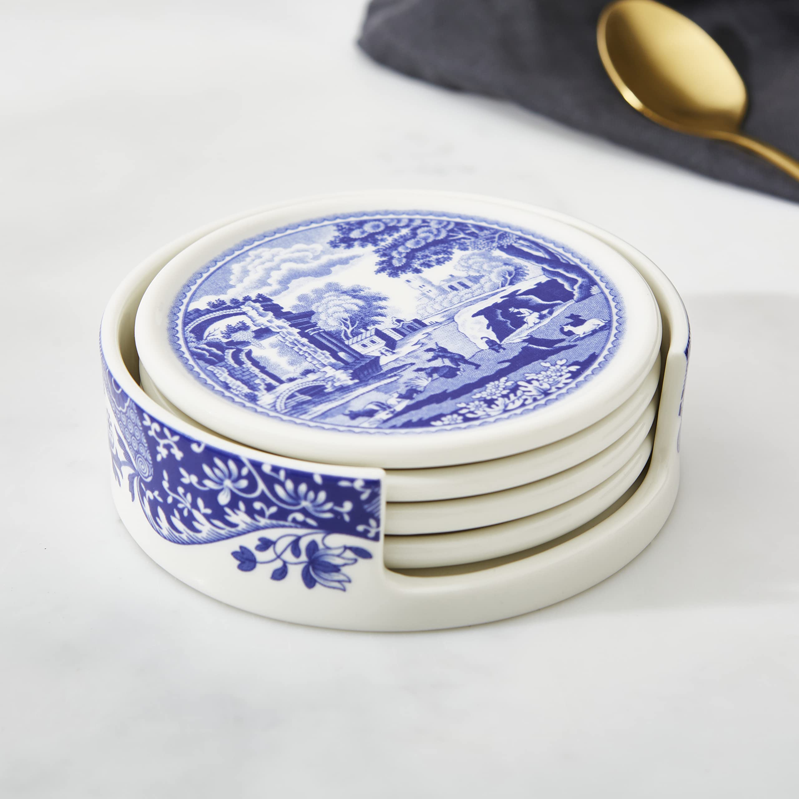 Spode Blue Italian Coasters for Drinks | Set of 4 | Ceramic Coasters and Holder | Tabletop Protection | Housewarming or Birthday Gift | Round (Blue/White) - Image 6