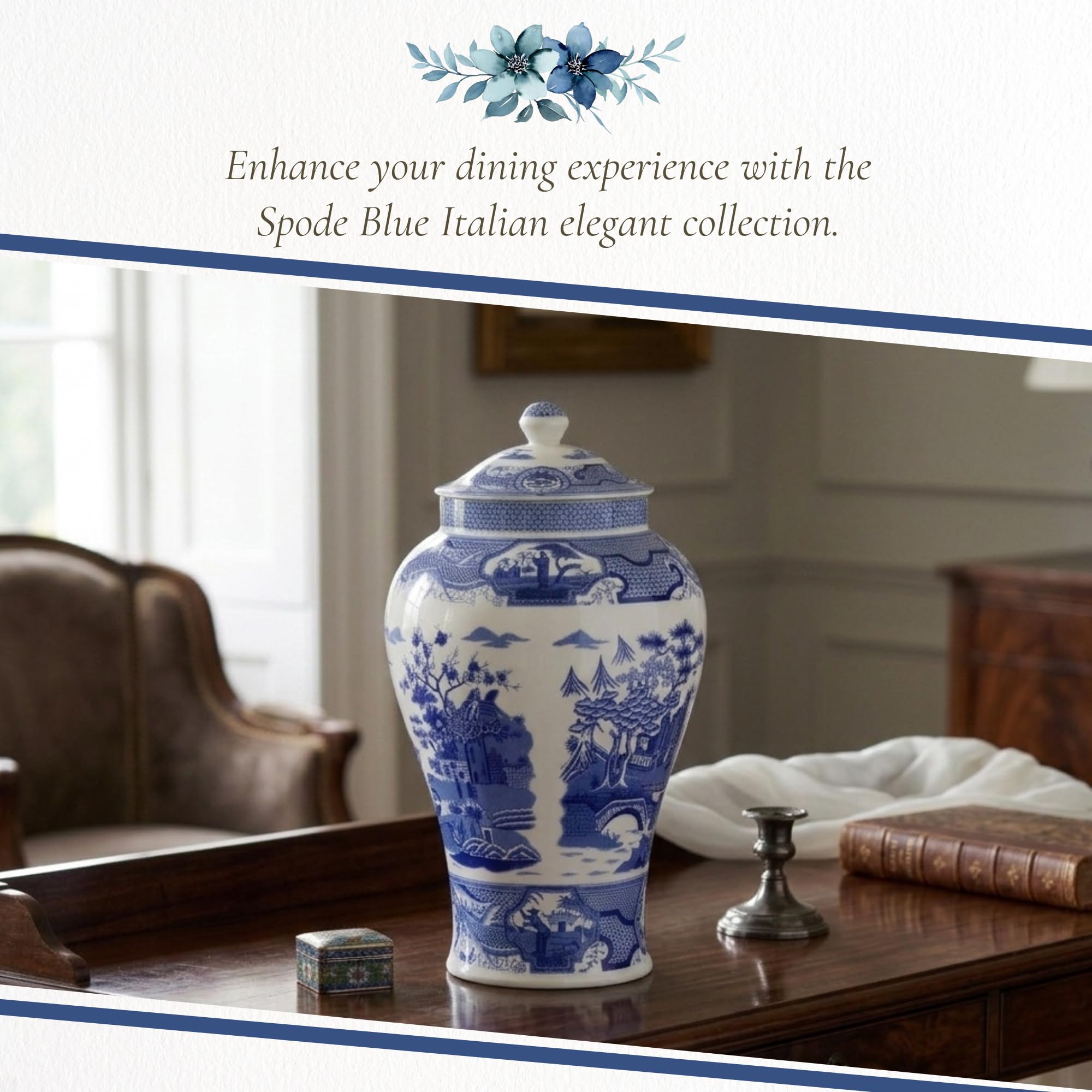 Spode Blue Italian Porcelain Decorative Vase - 14.3-Inch Tall Gothic Castle Scene with Blue & White Heritage Print - European Style Home Accents & Floral Display, Timeless Style for Housewarming - Image 5