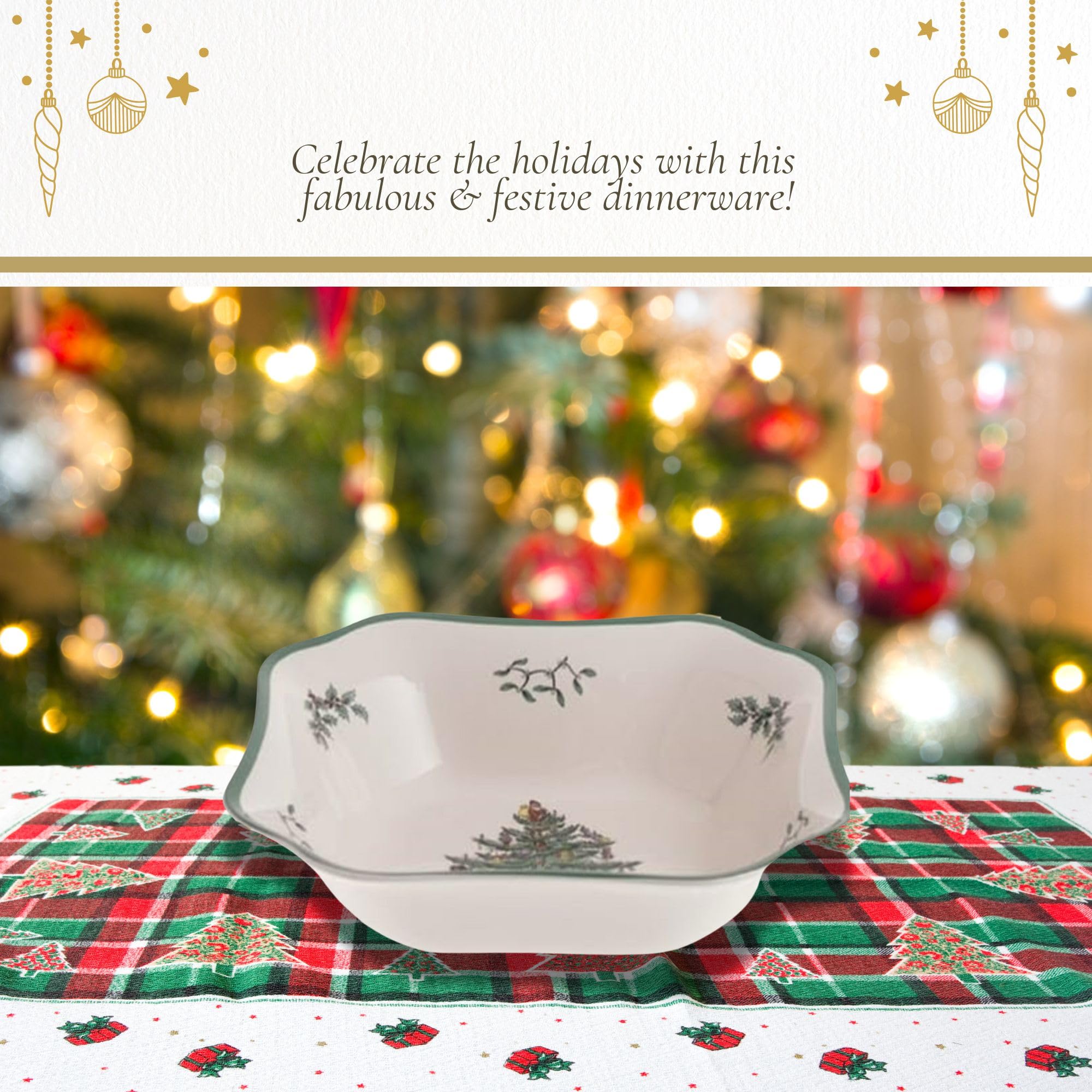 Spode Christmas Tree 9.5-Inch Square Salad Bowl - Ceramic Earthenware Serving Bowl for Salads, Soups, Pasta, & Side Dishes - Festive Holiday Dinnerware with Iconic Christmas Tree Design - Image 6
